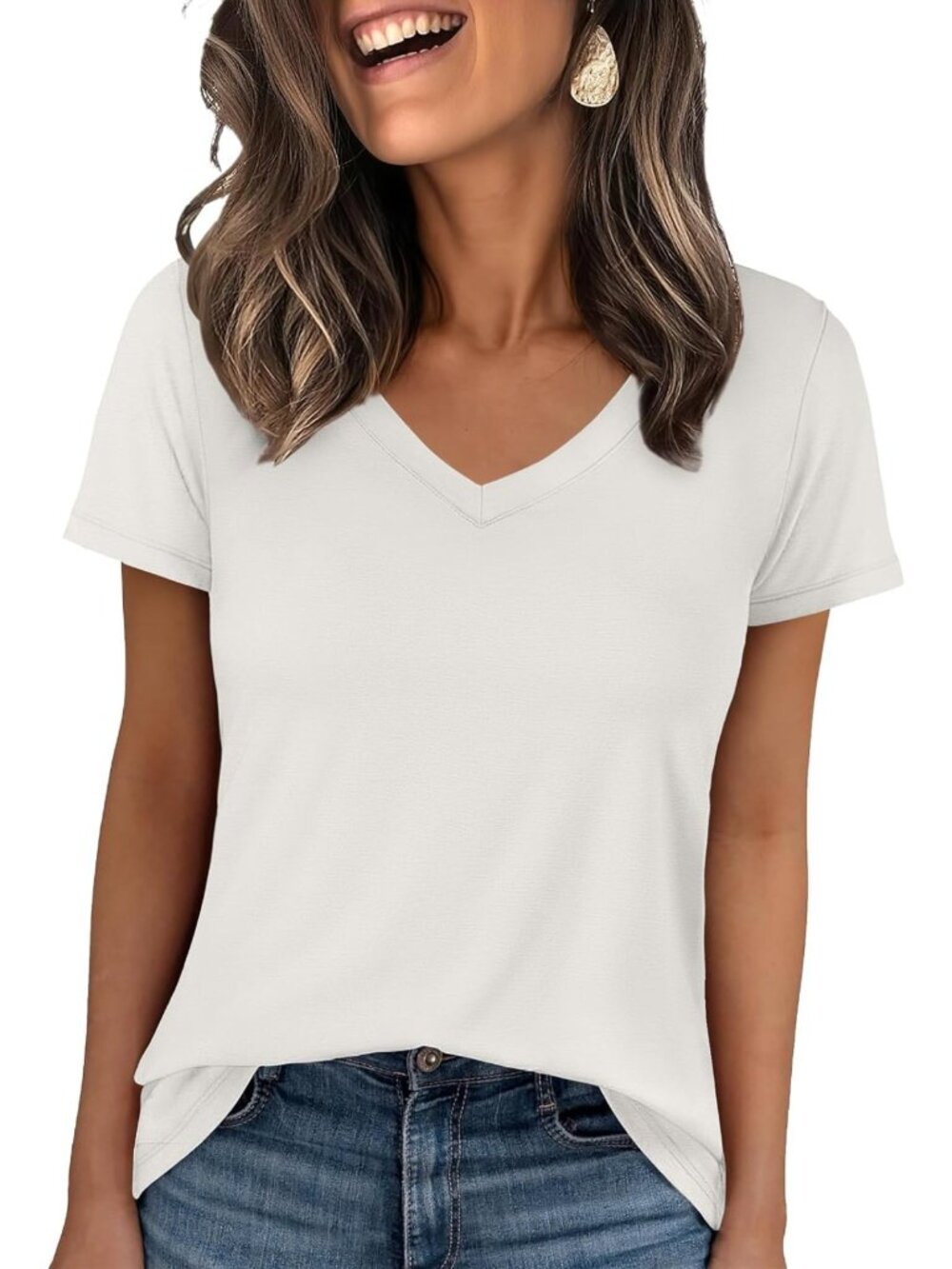 Wrinkle-Free V-Neck Short Sleeve Basic Tee for Women - Casual Everyday Top